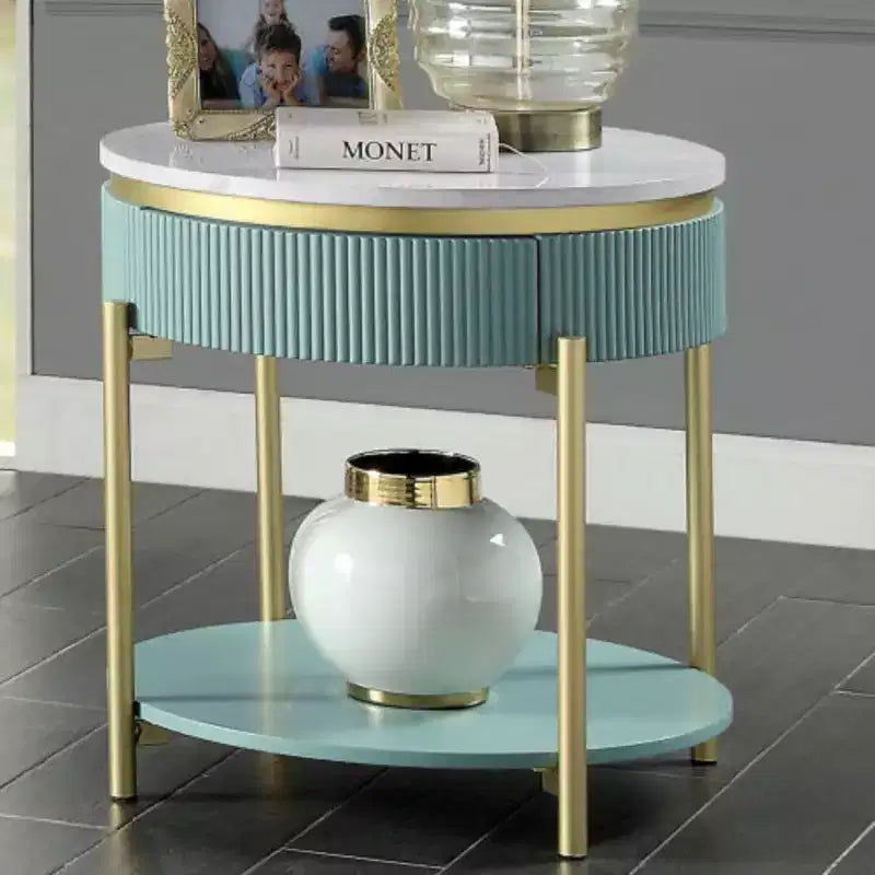 Round End Table, Light Teal with White Faux Marble Top, Matte Gold Steel Frame, Curved Reeded Panels, Concealed Storage Drawer & Open Bottom Shelf
