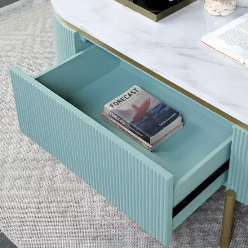 Round End Table, Light Teal with White Faux Marble Top, Matte Gold Steel Frame, Curved Reeded Panels, Concealed Storage Drawer & Open Bottom Shelf