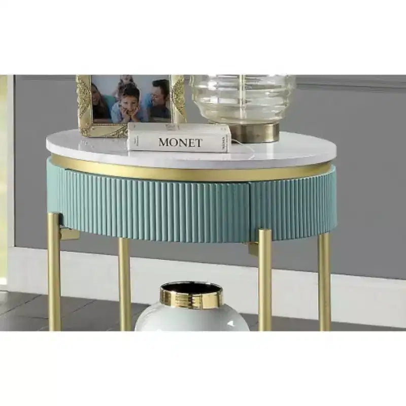 Round End Table, Light Teal with White Faux Marble Top, Matte Gold Steel Frame, Curved Reeded Panels, Concealed Storage Drawer & Open Bottom Shelf