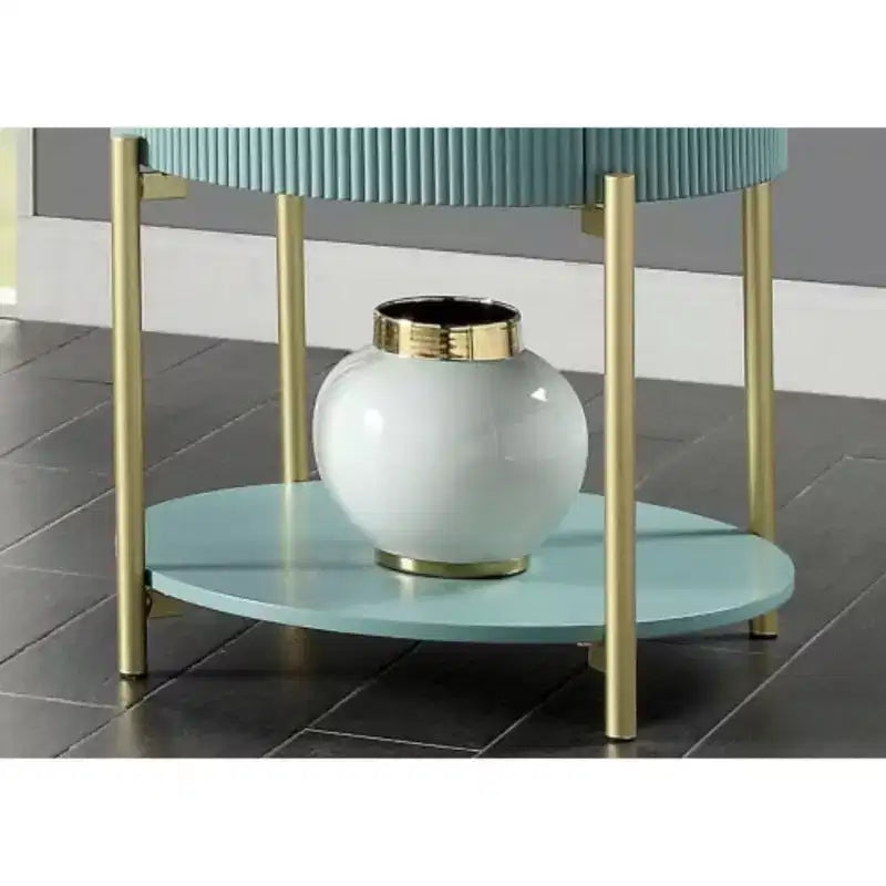 Round End Table, Light Teal with White Faux Marble Top, Matte Gold Steel Frame, Curved Reeded Panels, Concealed Storage Drawer & Open Bottom Shelf