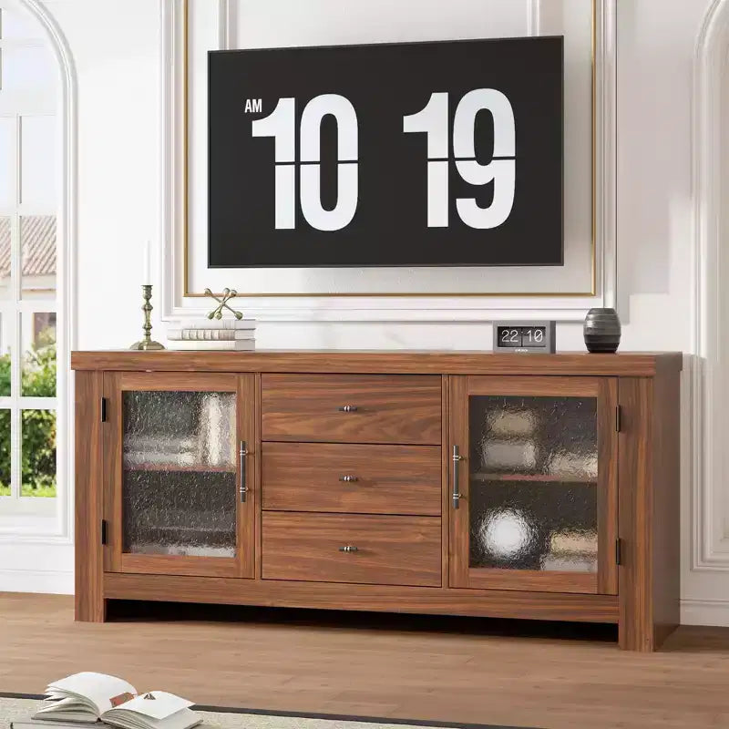 54.4 Wood Buffet Sideboard Credenza w/ 2 Glass Doors & 3 Drawers, Accent Storage Cabinet Kitchen Coffee Bar TV Stand for Dining & Living Room