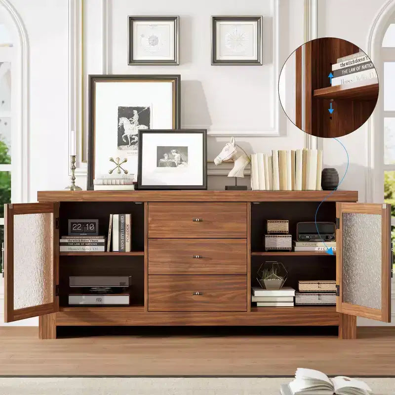 54.4 Wood Buffet Sideboard Credenza w/ 2 Glass Doors & 3 Drawers, Accent Storage Cabinet Kitchen Coffee Bar TV Stand for Dining & Living Room