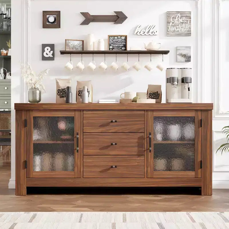 54.4 Wood Buffet Sideboard Credenza w/ 2 Glass Doors & 3 Drawers, Accent Storage Cabinet Kitchen Coffee Bar TV Stand for Dining & Living Room