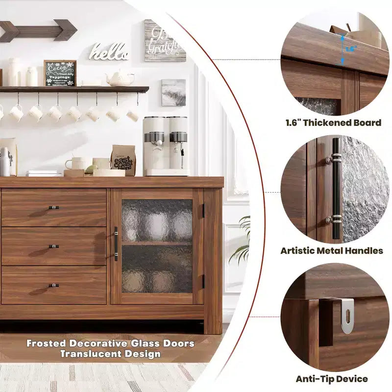 54.4 Wood Buffet Sideboard Credenza w/ 2 Glass Doors & 3 Drawers, Accent Storage Cabinet Kitchen Coffee Bar TV Stand for Dining & Living Room