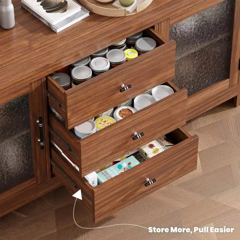 54.4 Wood Buffet Sideboard Credenza w/ 2 Glass Doors & 3 Drawers, Accent Storage Cabinet Kitchen Coffee Bar TV Stand for Dining & Living Room