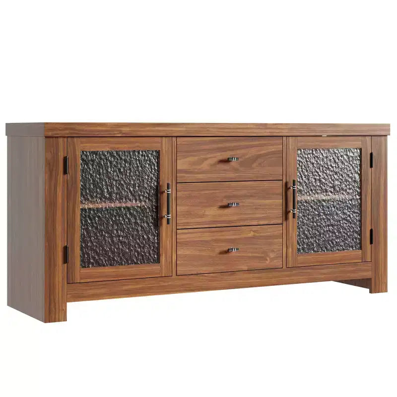 54.4 Wood Buffet Sideboard Credenza w/ 2 Glass Doors & 3 Drawers, Accent Storage Cabinet Kitchen Coffee Bar TV Stand for Dining & Living Room