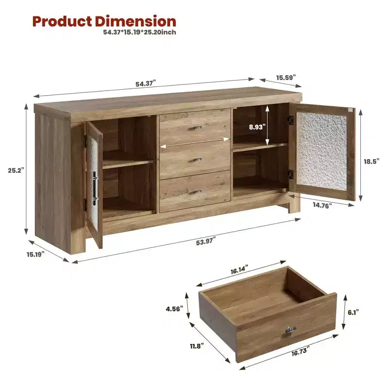 54.4 Wood Buffet Sideboard Credenza w/ 2 Glass Doors & 3 Drawers, Accent Storage Cabinet Kitchen Coffee Bar TV Stand for Dining & Living Room