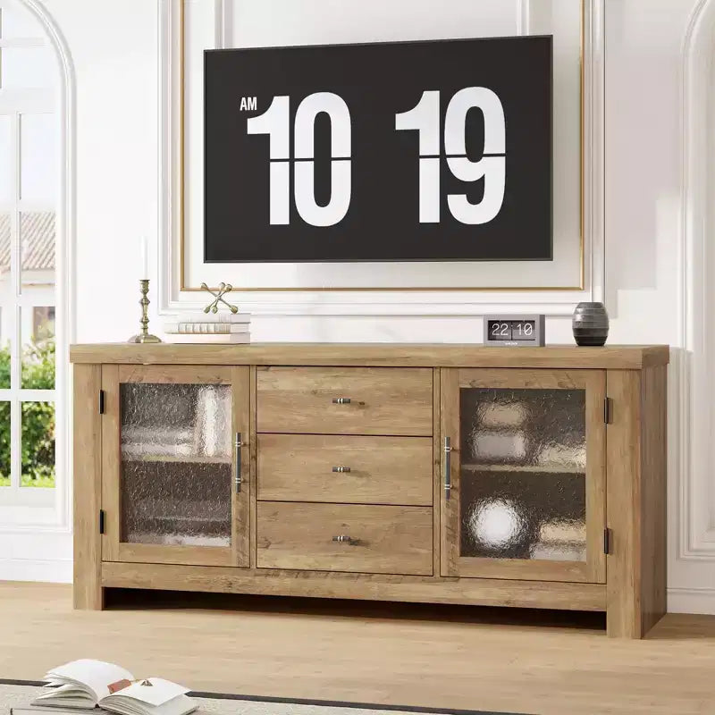 54.4 Wood Buffet Sideboard Credenza w/ 2 Glass Doors & 3 Drawers, Accent Storage Cabinet Kitchen Coffee Bar TV Stand for Dining & Living Room