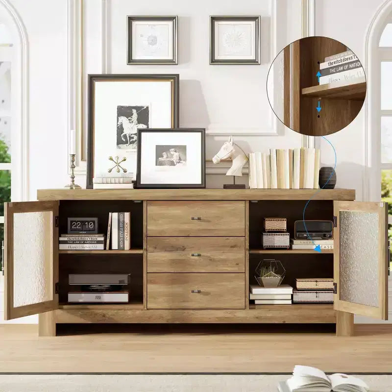 54.4 Wood Buffet Sideboard Credenza w/ 2 Glass Doors & 3 Drawers, Accent Storage Cabinet Kitchen Coffee Bar TV Stand for Dining & Living Room