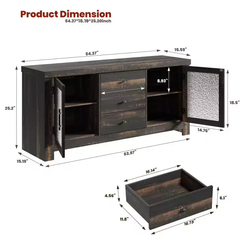 54.4 Wood Buffet Sideboard Credenza w/ 2 Glass Doors & 3 Drawers, Accent Storage Cabinet Kitchen Coffee Bar TV Stand for Dining & Living Room
