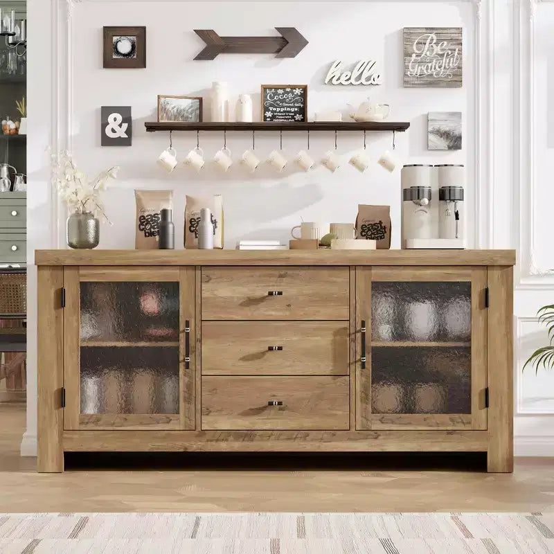 54.4 Wood Buffet Sideboard Credenza w/ 2 Glass Doors & 3 Drawers, Accent Storage Cabinet Kitchen Coffee Bar TV Stand for Dining & Living Room