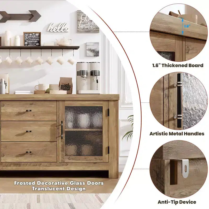 54.4 Wood Buffet Sideboard Credenza w/ 2 Glass Doors & 3 Drawers, Accent Storage Cabinet Kitchen Coffee Bar TV Stand for Dining & Living Room