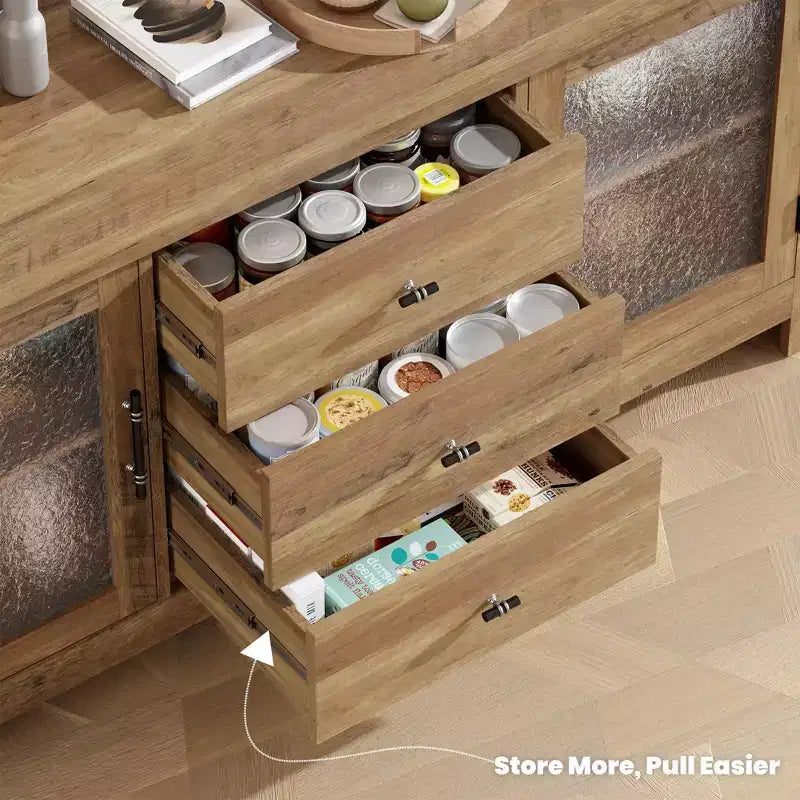 54.4 Wood Buffet Sideboard Credenza w/ 2 Glass Doors & 3 Drawers, Accent Storage Cabinet Kitchen Coffee Bar TV Stand for Dining & Living Room