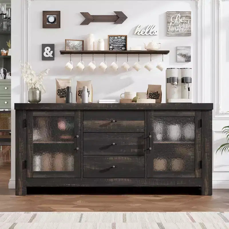 54.4 Wood Buffet Sideboard Credenza w/ 2 Glass Doors & 3 Drawers, Accent Storage Cabinet Kitchen Coffee Bar TV Stand for Dining & Living Room