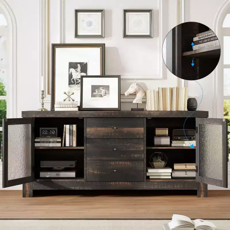 54.4 Wood Buffet Sideboard Credenza w/ 2 Glass Doors & 3 Drawers, Accent Storage Cabinet Kitchen Coffee Bar TV Stand for Dining & Living Room