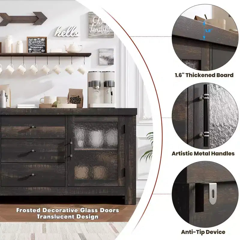 54.4 Wood Buffet Sideboard Credenza w/ 2 Glass Doors & 3 Drawers, Accent Storage Cabinet Kitchen Coffee Bar TV Stand for Dining & Living Room