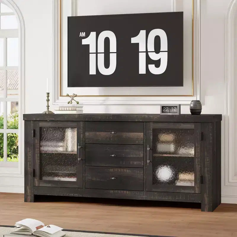 54.4 Wood Buffet Sideboard Credenza w/ 2 Glass Doors & 3 Drawers, Accent Storage Cabinet Kitchen Coffee Bar TV Stand for Dining & Living Room