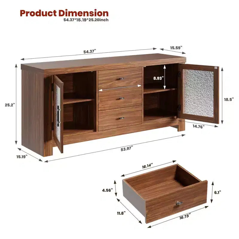 54.4 Wood Buffet Sideboard Credenza w/ 2 Glass Doors & 3 Drawers, Accent Storage Cabinet Kitchen Coffee Bar TV Stand for Dining & Living Room