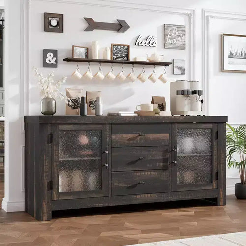 54.4 Wood Buffet Sideboard Credenza w/ 2 Glass Doors & 3 Drawers, Accent Storage Cabinet Kitchen Coffee Bar TV Stand for Dining & Living Room