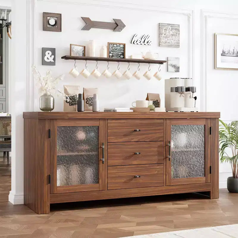 54.4 Wood Buffet Sideboard Credenza w/ 2 Glass Doors & 3 Drawers, Accent Storage Cabinet Kitchen Coffee Bar TV Stand for Dining & Living Room