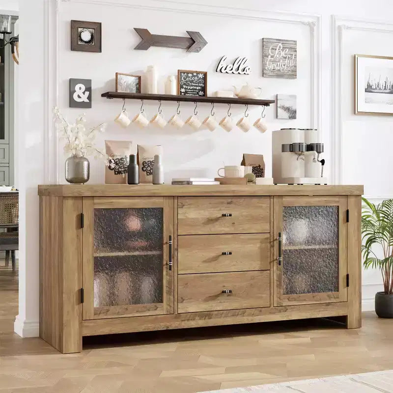 54.4 Wood Buffet Sideboard Credenza w/ 2 Glass Doors & 3 Drawers, Accent Storage Cabinet Kitchen Coffee Bar TV Stand for Dining & Living Room