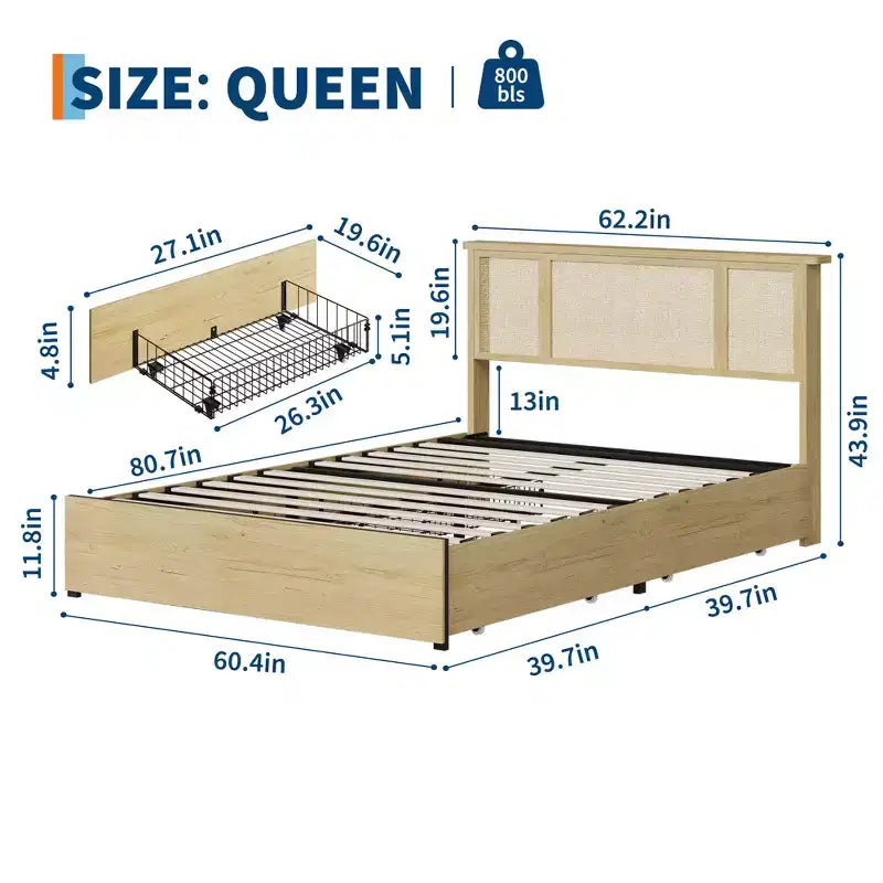 Bed Frame with 4 Drawers, Metal Platform Bed with Rattan Headboard, Wooden Slats, No Box Spring Needed, Natural