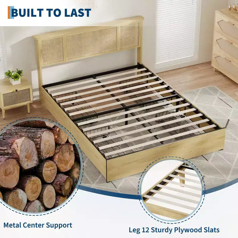 Bed Frame with 4 Drawers, Metal Platform Bed with Rattan Headboard, Wooden Slats, No Box Spring Needed, Natural