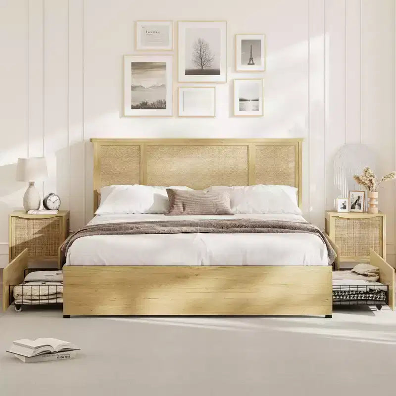 Bed Frame with 4 Drawers, Metal Platform Bed with Rattan Headboard, Wooden Slats, No Box Spring Needed, Natural