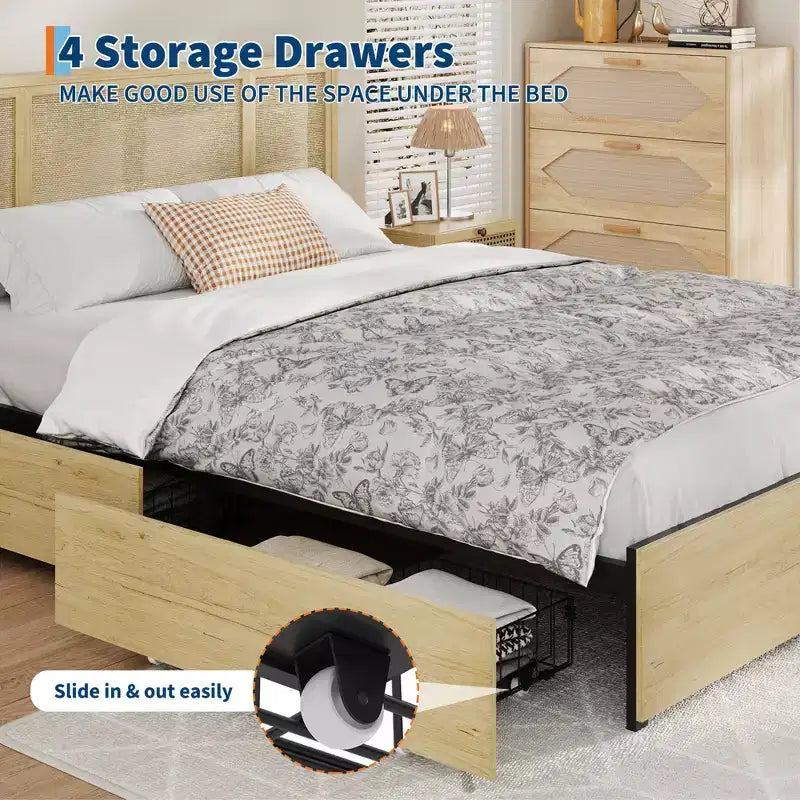 Bed Frame with 4 Drawers, Metal Platform Bed with Rattan Headboard, Wooden Slats, No Box Spring Needed, Natural