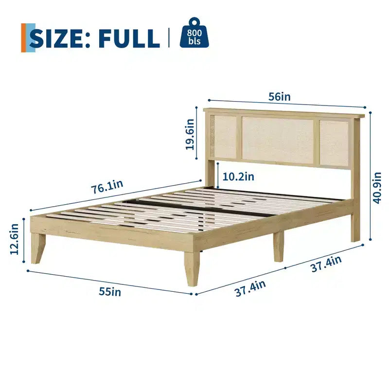Bed Frame with 4 Drawers, Metal Platform Bed with Rattan Headboard, Wooden Slats, No Box Spring Needed, Natural