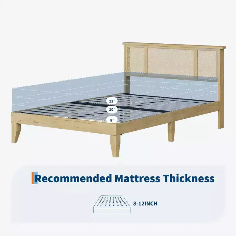 Bed Frame with 4 Drawers, Metal Platform Bed with Rattan Headboard, Wooden Slats, No Box Spring Needed, Natural