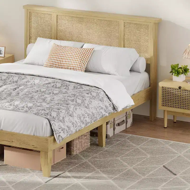 Bed Frame with 4 Drawers, Metal Platform Bed with Rattan Headboard, Wooden Slats, No Box Spring Needed, Natural