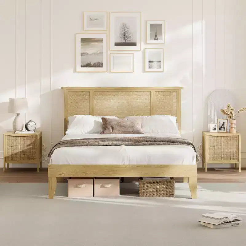 Bed Frame with 4 Drawers, Metal Platform Bed with Rattan Headboard, Wooden Slats, No Box Spring Needed, Natural