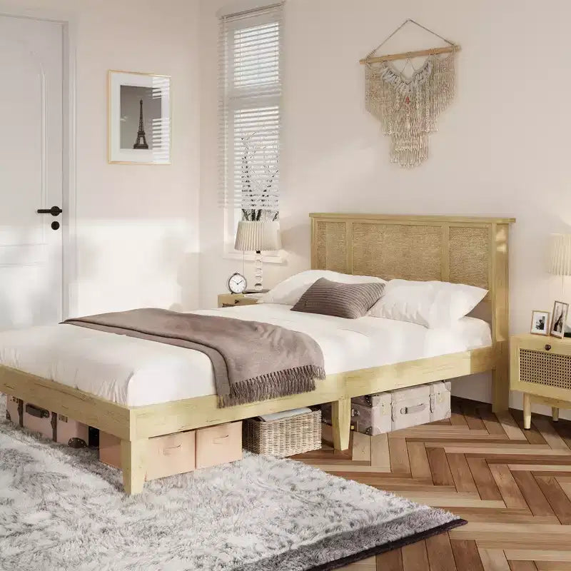 Bed Frame with 4 Drawers, Metal Platform Bed with Rattan Headboard, Wooden Slats, No Box Spring Needed, Natural