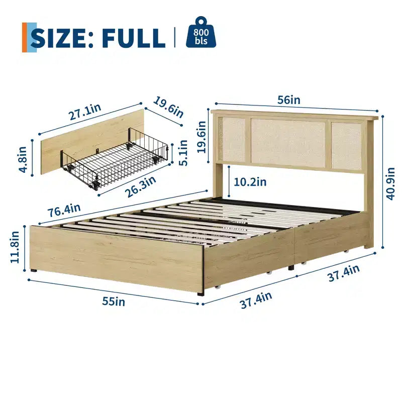 Bed Frame with 4 Drawers, Metal Platform Bed with Rattan Headboard, Wooden Slats, No Box Spring Needed, Natural