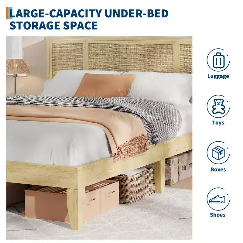 Bed Frame with 4 Drawers, Metal Platform Bed with Rattan Headboard, Wooden Slats, No Box Spring Needed, Natural