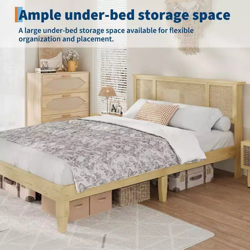 Bed Frame with 4 Drawers, Metal Platform Bed with Rattan Headboard, Wooden Slats, No Box Spring Needed, Natural