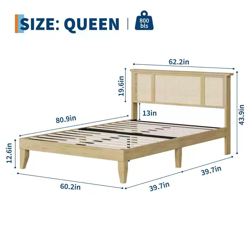 Bed Frame with 4 Drawers, Metal Platform Bed with Rattan Headboard, Wooden Slats, No Box Spring Needed, Natural