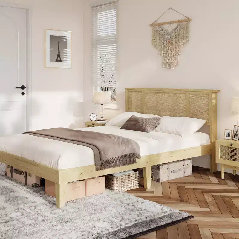 Bed Frame with 4 Drawers, Metal Platform Bed with Rattan Headboard, Wooden Slats, No Box Spring Needed, Natural