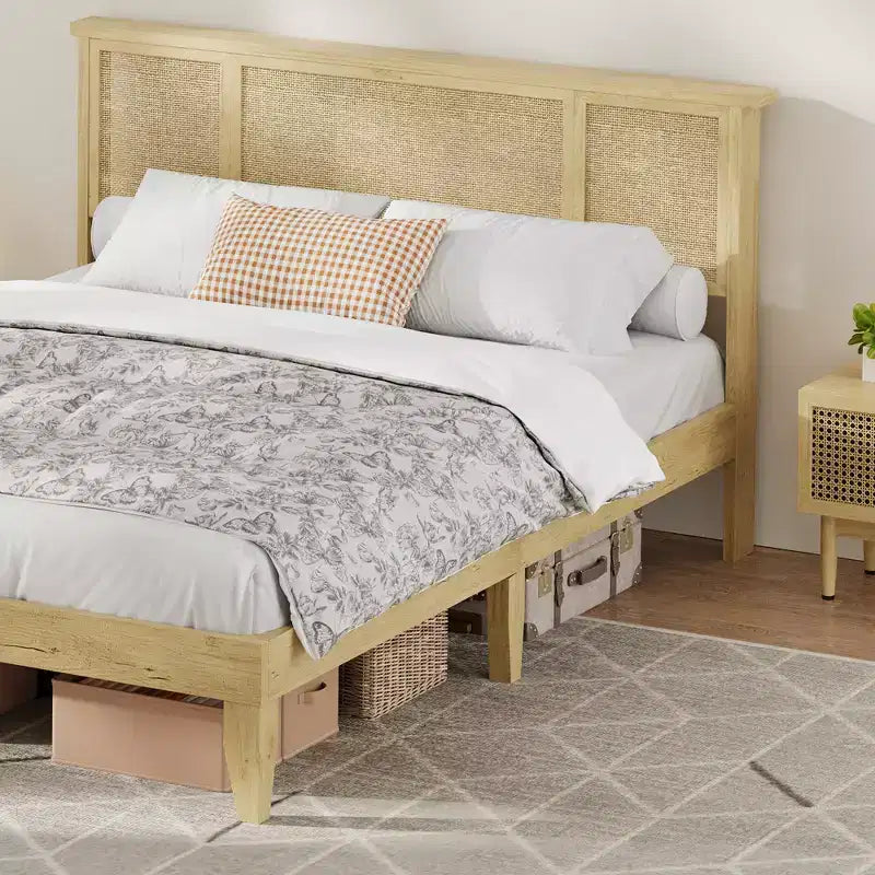Bed Frame with 4 Drawers, Metal Platform Bed with Rattan Headboard, Wooden Slats, No Box Spring Needed, Natural