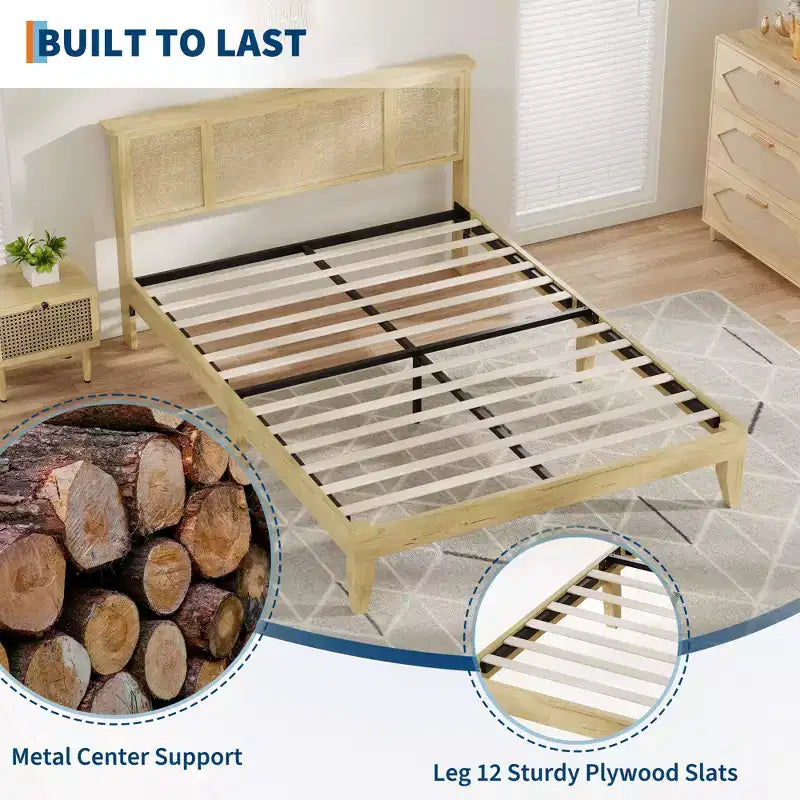 Bed Frame with 4 Drawers, Metal Platform Bed with Rattan Headboard, Wooden Slats, No Box Spring Needed, Natural