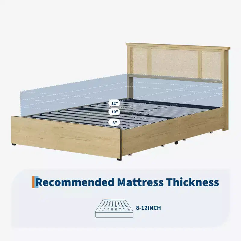 Bed Frame with 4 Drawers, Metal Platform Bed with Rattan Headboard, Wooden Slats, No Box Spring Needed, Natural