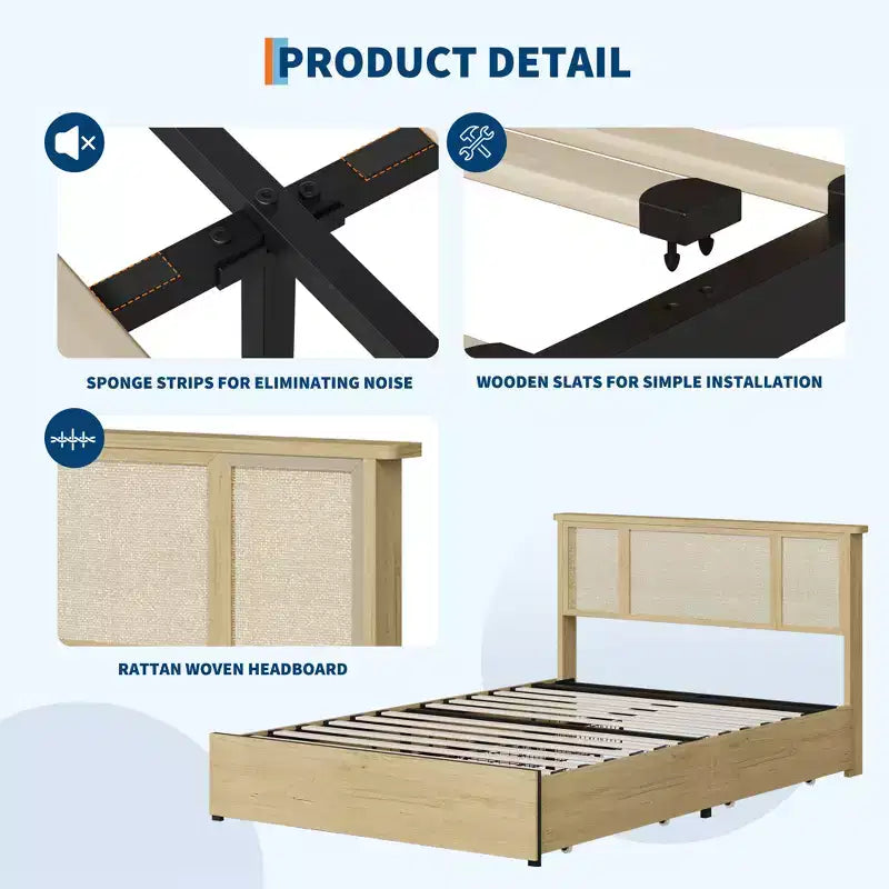 Bed Frame with 4 Drawers, Metal Platform Bed with Rattan Headboard, Wooden Slats, No Box Spring Needed, Natural