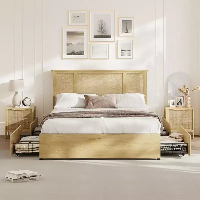 Bed Frame with 4 Drawers, Metal Platform Bed with Rattan Headboard, Wooden Slats, No Box Spring Needed, Natural