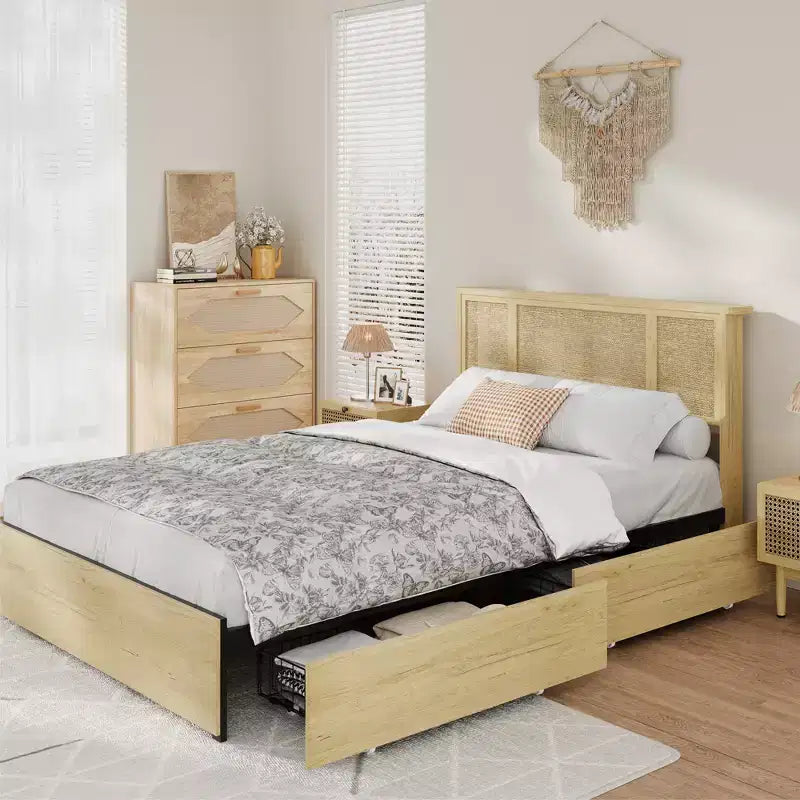 Bed Frame with 4 Drawers, Metal Platform Bed with Rattan Headboard, Wooden Slats, No Box Spring Needed, Natural
