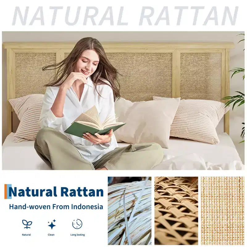 Bed Frame with 4 Drawers, Metal Platform Bed with Rattan Headboard, Wooden Slats, No Box Spring Needed, Natural