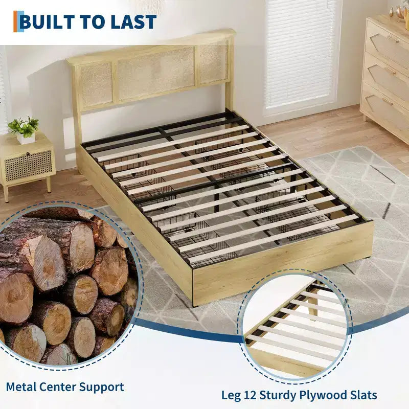 Bed Frame with 4 Drawers, Metal Platform Bed with Rattan Headboard, Wooden Slats, No Box Spring Needed, Natural