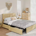 Bed Frame with 4 Drawers, Metal Platform Bed with Rattan Headboard, Wooden Slats, No Box Spring Needed, Natural