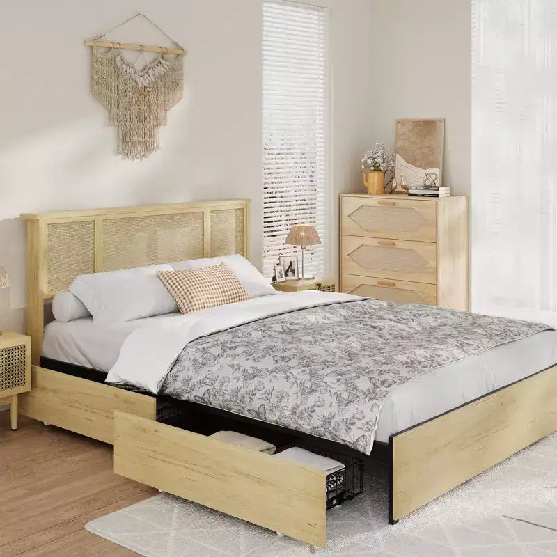 Bed Frame with 4 Drawers, Metal Platform Bed with Rattan Headboard, Wooden Slats, No Box Spring Needed, Natural