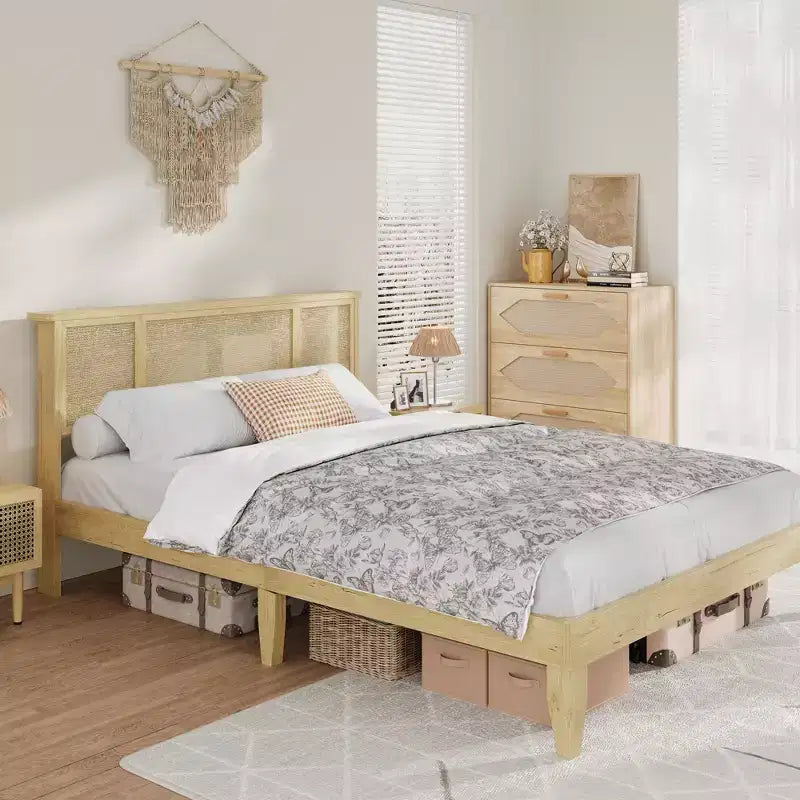 Bed Frame with 4 Drawers, Metal Platform Bed with Rattan Headboard, Wooden Slats, No Box Spring Needed, Natural